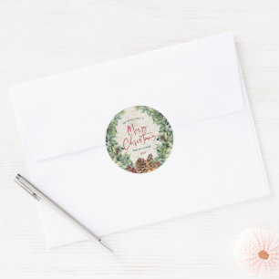 Red Merry Christmas Script Pine Weihnachtsfeier Runder Aufkleber