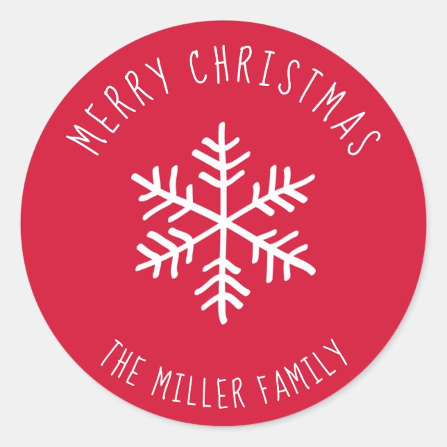 Red Merry Christmas Snowflake Personalisiert Runder Aufkleber (Vorderseite)