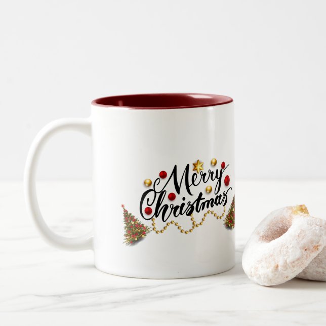 Red Merry Christmas Tree Zweifarbige Tasse (Mit Donut)