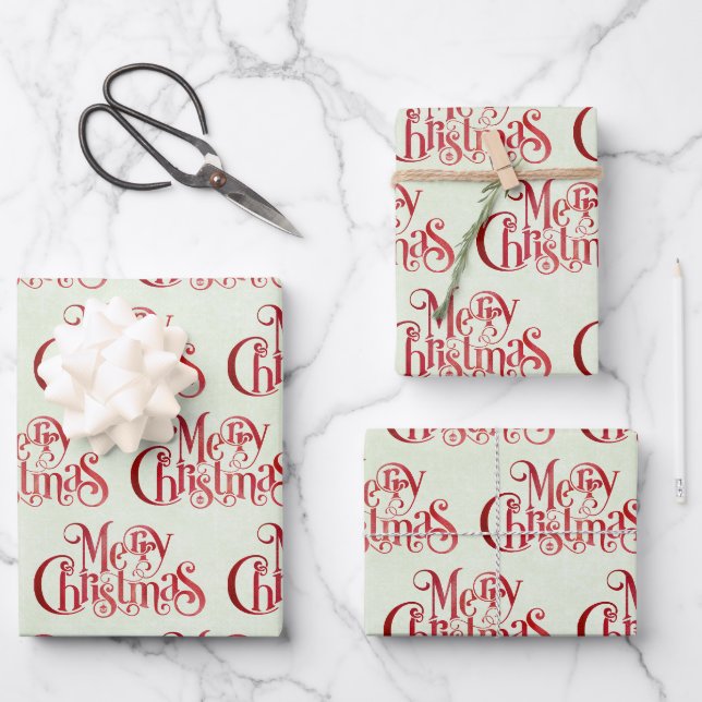 Red Merry Christmas Typografy Festive Schriftart Geschenkpapier Set (Vorderseite)
