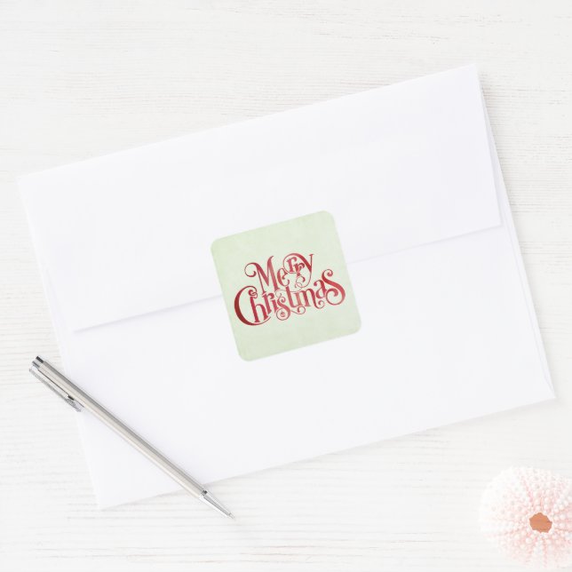 Red Merry Christmas Typografy Festive Schriftart Quadratischer Aufkleber (Umschlag)