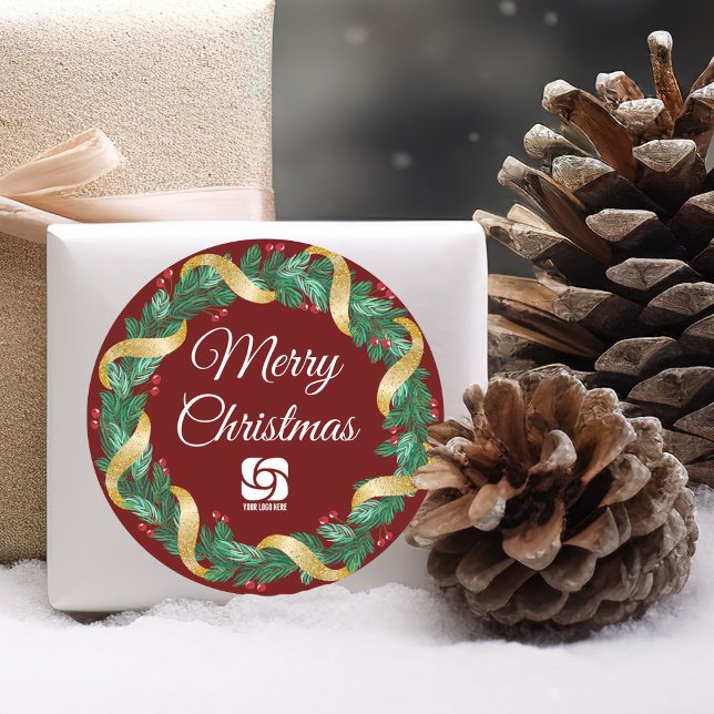 Red Merry Christmas Wreath Custom Company Party Runder Aufkleber (Von Creator hochgeladen)