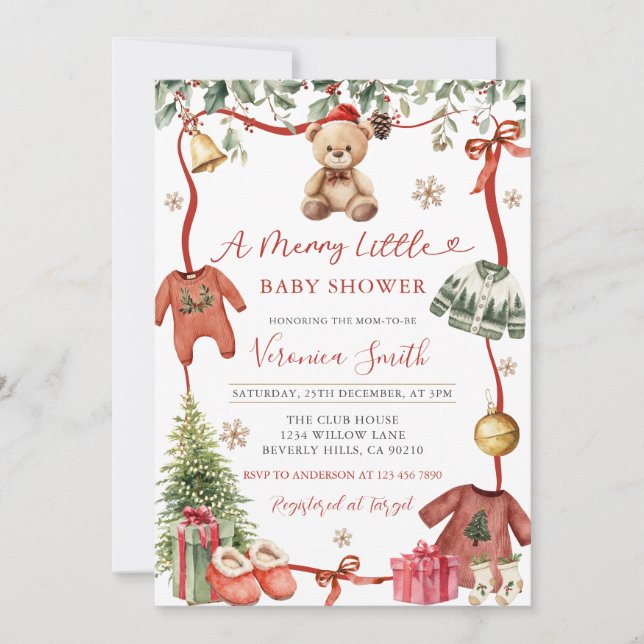 Red Merry Little Winter Christmas Baby Shower Invi Einladung (Vorderseite)
