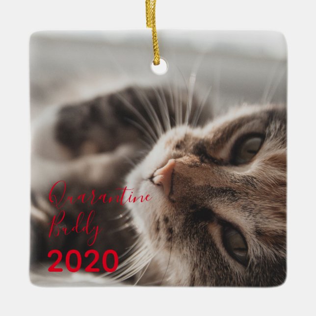 Red Merry Pawsmas Quarantine Buddy Chat Weihnachte Keramikornament (Vorderseite)