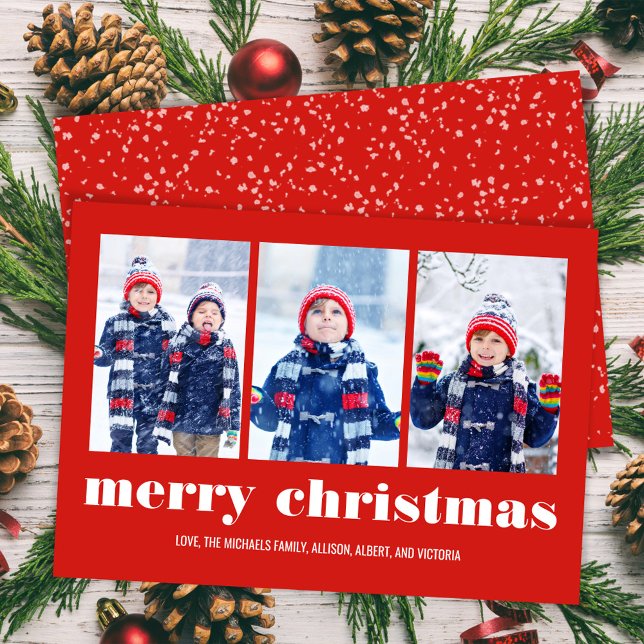 Red Merry Weihnachts Foto Collage Custom Feiertagskarte (Merry Christmas red whimsical photo collage greeting card. )