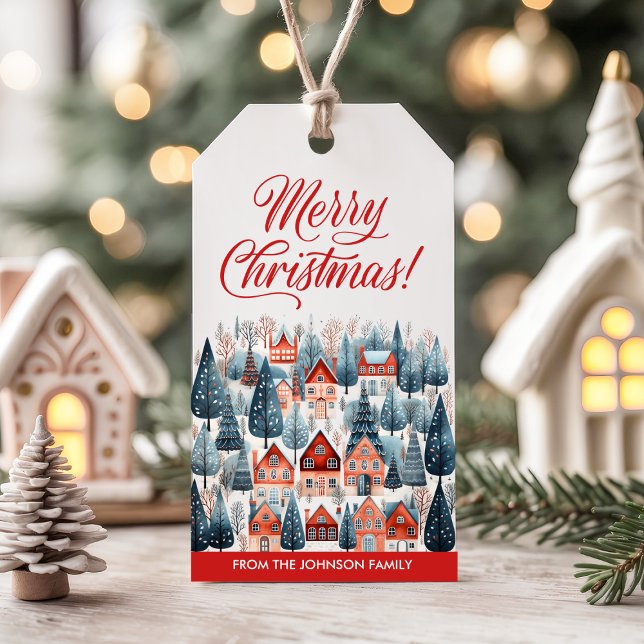 Red Merry Weihnachts Winter Village Urlaub Geschenkanhänger (Von Creator hochgeladen)