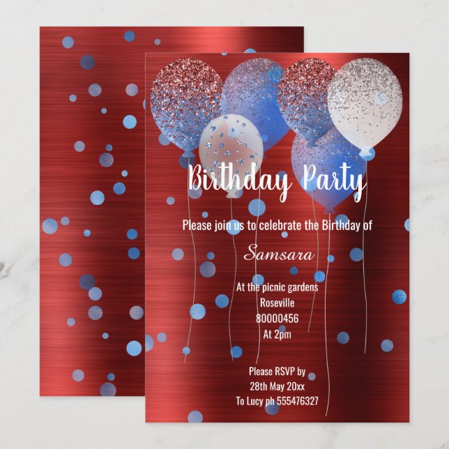 RED METALLIC & BLAUE BIRTHDAY BALLOON SPOT EINLADUNG (Vorne/Hinten)