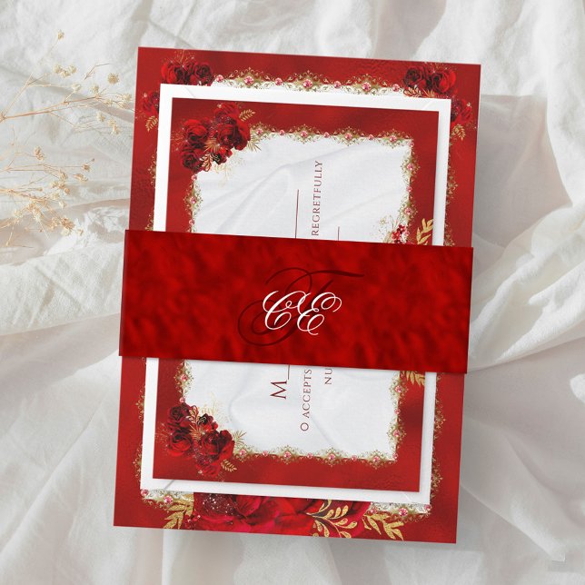 Red Metallic Elegant Monogram Wedding Einladungsbanderole (Von Creator hochgeladen)
