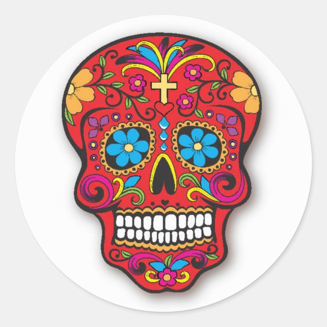 Red Mexican Sugar Skull Day of the Dead Runder Aufkleber (Vorderseite)