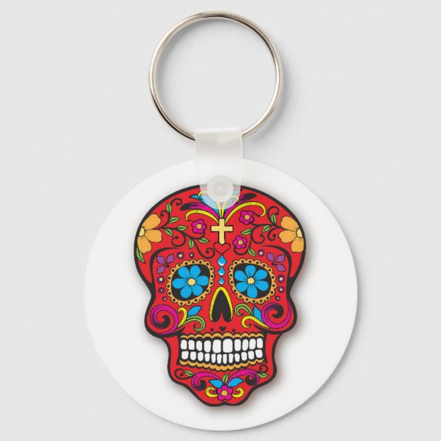 Red Mexican Sugar Skull Day of the Dead Schlüsselanhänger (Vorderseite)