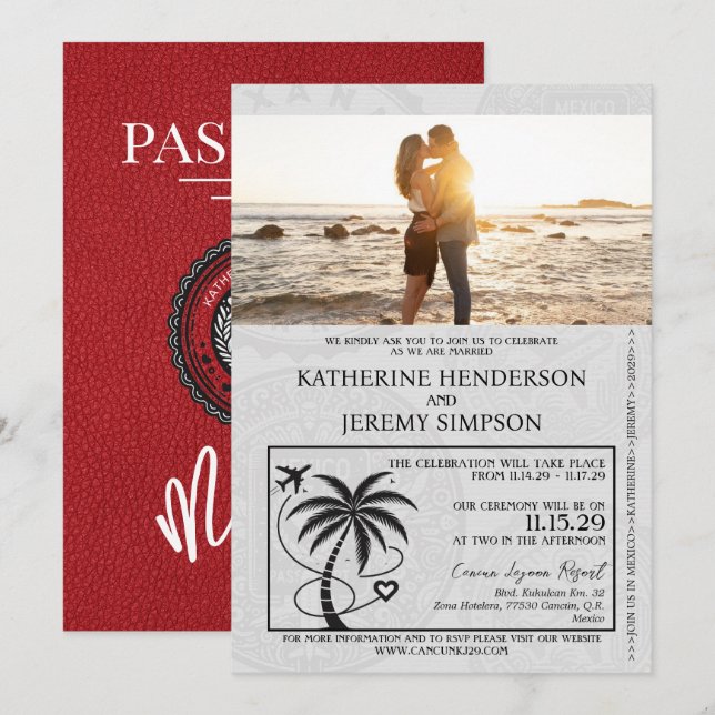 Red Mexico Passport Hochzeit Einladung (Vorne/Hinten)