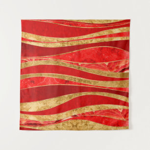 Red Minerals Gold Metallic Wavy Abstrakt Wandteppich