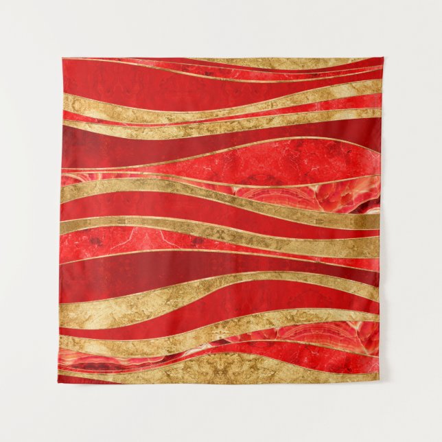 Red Minerals Gold Metallic Wavy Abstrakt Wandteppich (Vorderseite)