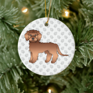 Red Mini Goldendoodle Cartoon Dog & Text Keramik Ornament