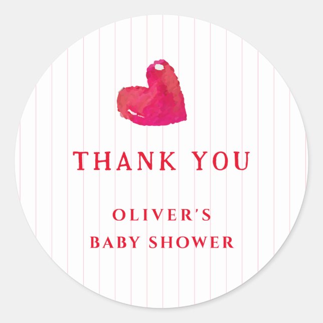 Red Minimal Heart Stripe Baby Dusche Vielen Dank Runder Aufkleber (Vorderseite)