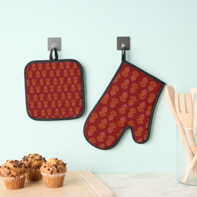 Red Minimal Tamil Kolam Pongal Design Ofenhandschuh & Topflappen-Set (Insitu (Hängend))