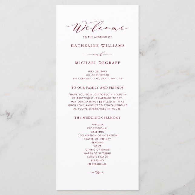 Red Minimalistisch Dainty Script Wedding Zeremony Programm (Vorderseite)
