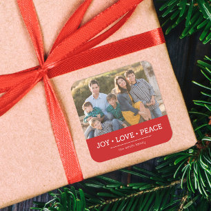 Red Minimalistisch Joy Liebe Peace Holiday Foto Quadratischer Aufkleber