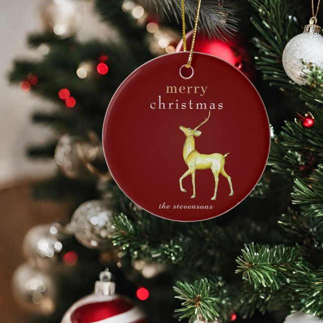 Red Minimalistisch Merry Christmas Gold Rentier Keramik Ornament (Von Creator hochgeladen)
