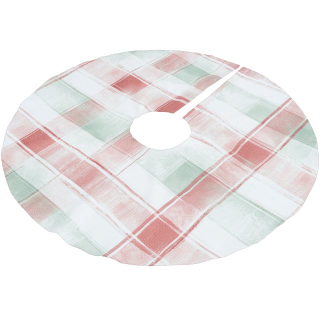 Red Mint Peppermint Mocha Plaid Stripes Christmas Polyester Weihnachtsbaumdecke (Schrägansicht)