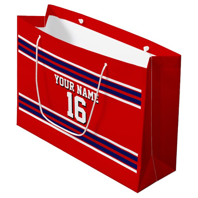 Red mit Navy White Stripes Team Jersey Große Geschenktüte (Vorderseite Schrägansicht)