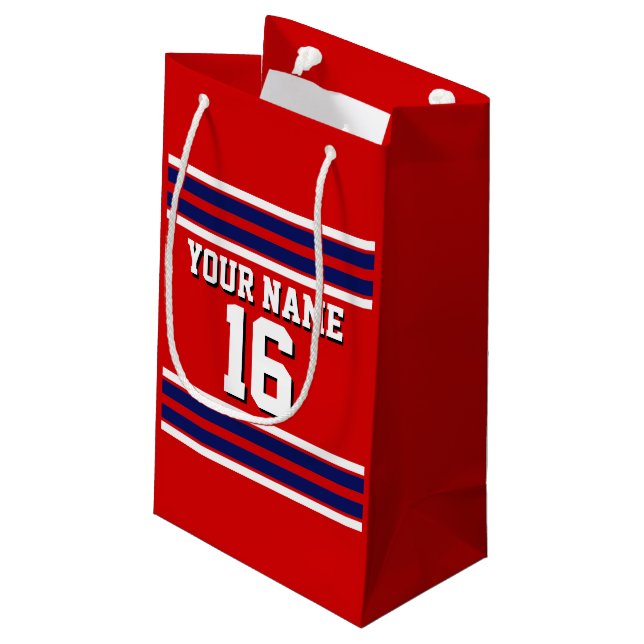 Red mit Navy White Stripes Team Jersey Kleine Geschenktüte (Rückseite Schrägansicht)