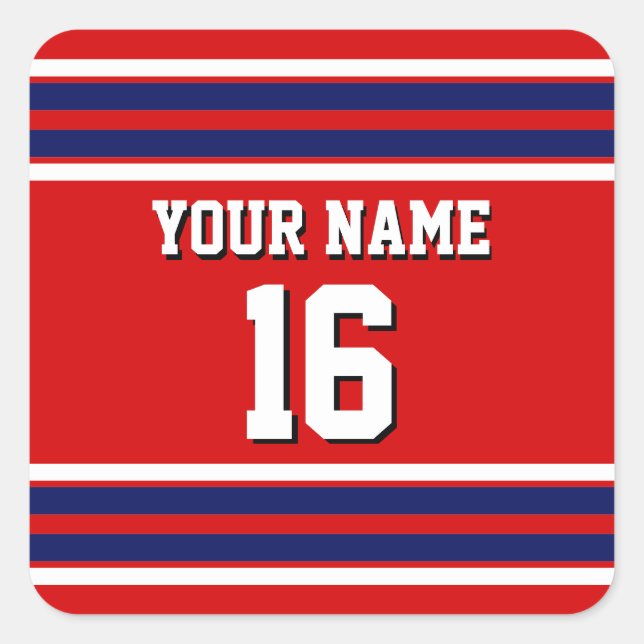 Red mit Navy White Stripes Team Jersey Quadratischer Aufkleber (Vorderseite)