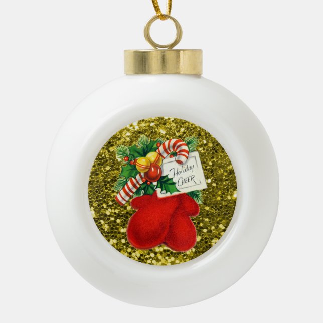 Red Mittens Candy Cane Gold Imitate Glitzer Keramik Kugel-Ornament (Vorderseite)