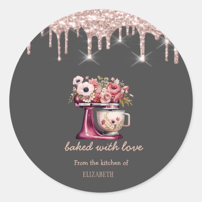 Red Mixer Blume Rose Gold Tropfen Bäckerei Runder Aufkleber (Vorderseite)