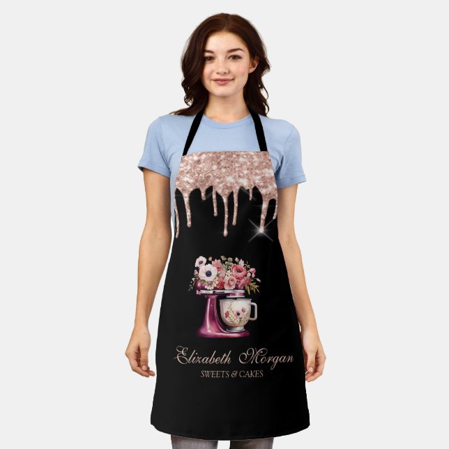 Red Mixer Blume Rose Gold Tropfen Bäckerei Schwarz Schürze (Getragen)