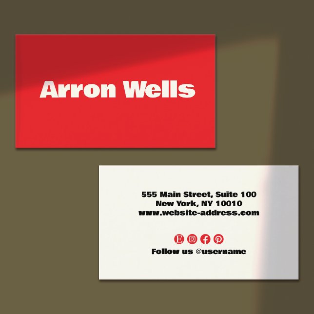 Red Modern Bold Typografy Visitenkarte (bright red business card - bold white modern typography - red social media networking icons )