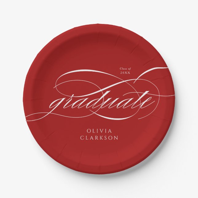 Red Modern Elegante Script Graduation Party Pappteller (Vorderseite)