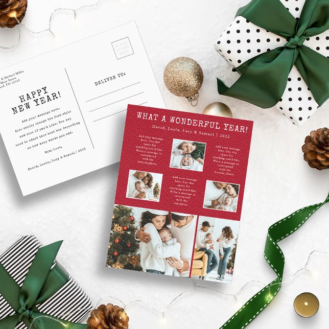 Red Modern Foto Collage Holiday Postkarte (Red and White What a Wonderful Year Photo Collage Christmas Holiday Postcard)