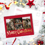Red Modern Lettering Five Foto Frohe Weihnachten Folien Feiertagspostkarte<br><div class="desc">Red Modern Lettering Five Foto Merry Christmas Folie Holiday Postcard verfügt über vier Fotos auf der Vorderseite und Platz für Ihre längere Nachricht auf der Rückseite.</div>