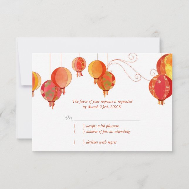Red Modern Paper Lanterns White Wedding RSVP Karte (Vorderseite)