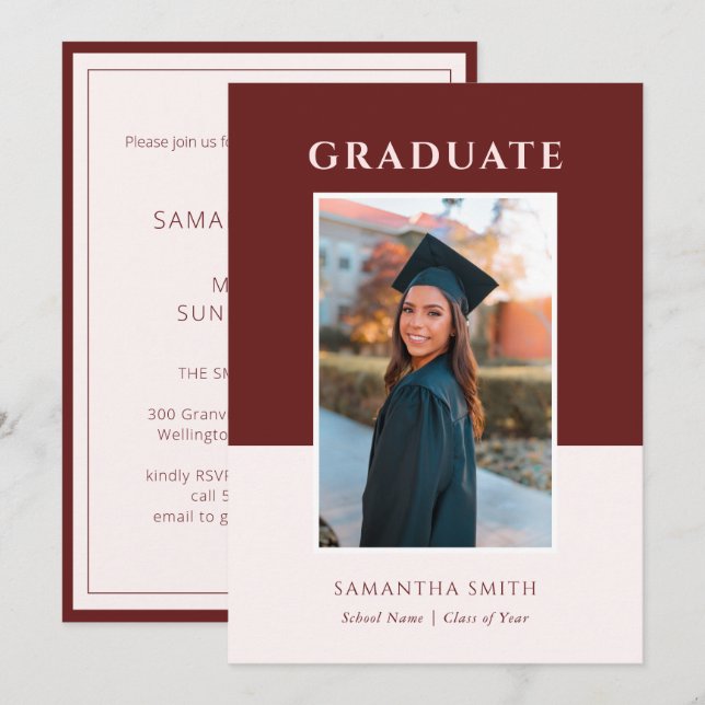 Red Modern Simple Typografy Foto Abschluss Einladung (Vorne/Hinten)