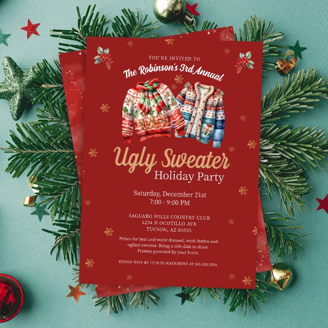 Red Modern Tacky Ugly Sweater Weihnachts-Party Einladung (red ugly sweater christmas party invitation)