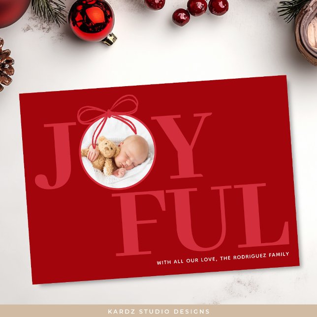 Red Modern Typografy Baby Foto Weihnachten (Card shown in 5 x 7 inches. Personalize and choose corner style and paper.)