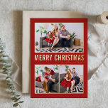 Red Modern Typografy Christmas Drei Fotos Folien Feiertagskarte<br><div class="desc">Frohe Weihnachten! Senden Sie Weihnachtsgrüße an Familie und Freunde mit dieser anpassbaren Weihnachtsfotokarte aus Gold. Es zeigt einfache Typografie und einen Weihnachtsbaum. Die Texte sind für jede Begrüßung vollständig anpassbar. Diese moderne Weihnachtskarte ist in anderen Folienfarben erhältlich.</div>