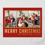 Red Modern Typografy Foto Collage Weihnachten Folien Feiertagspostkarte<br><div class="desc">Frohe Weihnachten! Mit dieser individuell gestaltbaren Weihnachts-Foto-Collage-Postkarte können Sie Ihren Freunden und Ihrer Familie herzliche Wünsche senden. Personalisieren Sie Ihre Daten durch Hinzufügen von drei Fotos,  Namen,  Jahr und anderen Details. Diese Weihnachtskarte aus Gold ist in anderen Farben und in einem Karton erhältlich.</div>