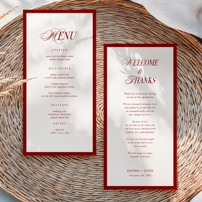 Red Modern Wedding Menu and Thank You Note Back Dankeskarte (Von Creator hochgeladen)