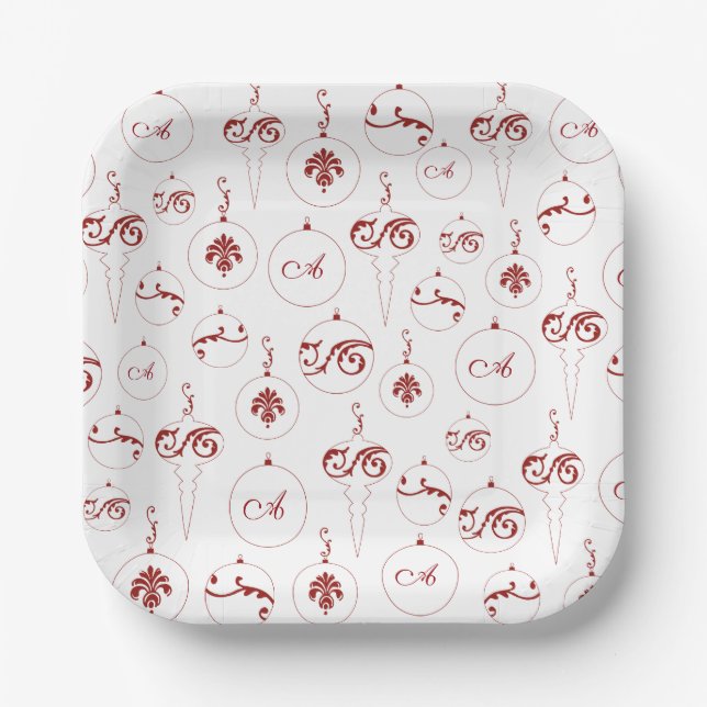 Red Monogram Bauble Ornaments Muster Weihnachten Pappteller (Vorderseite)