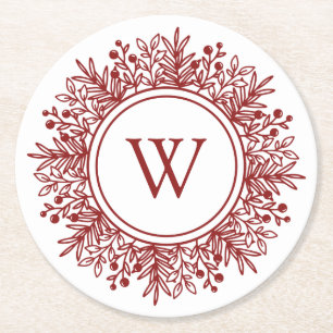 Red Monogram Christmas Runder Pappuntersetzer