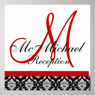 Red Monogram Damask Wedding Empfang Poster