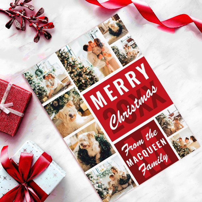 Red Monogram Family Foto Collage Weihnachten Karte (Von Creator hochgeladen)