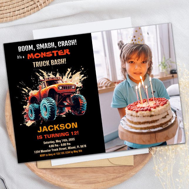 Red Monster Truck Birthday Einladungen Foto (Red Monster Truck Birthday Invitations Photo)