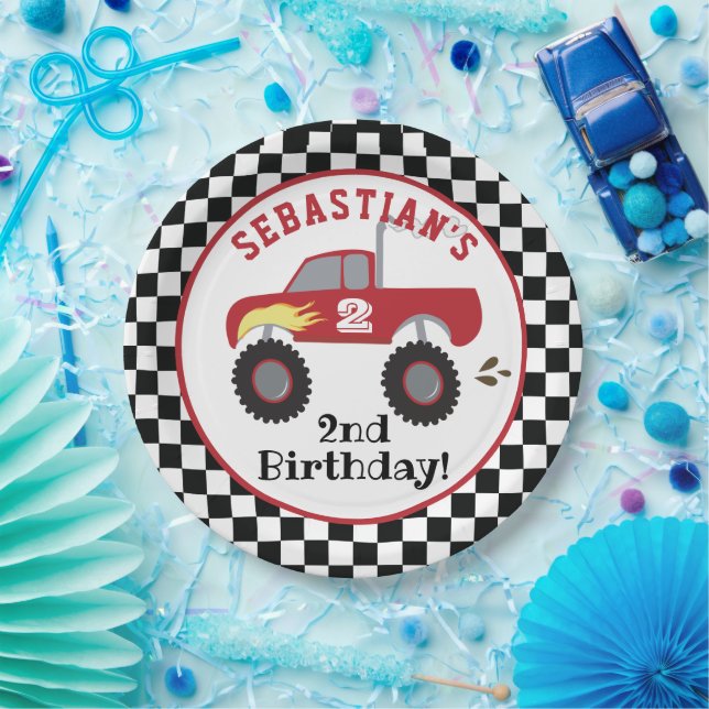 Red Monster Truck Birthday Racing Trucks Boys Pappteller (Party)