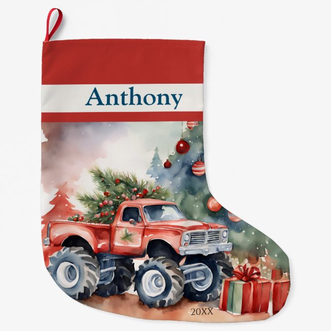 Red Monster Truck Boys Großer Weihnachtsstrumpf (Vorderseite)