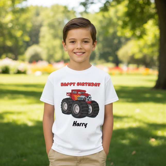 Red Monster Truck Custom Happy Birthday Name T-Shirt (Von Creator hochgeladen)