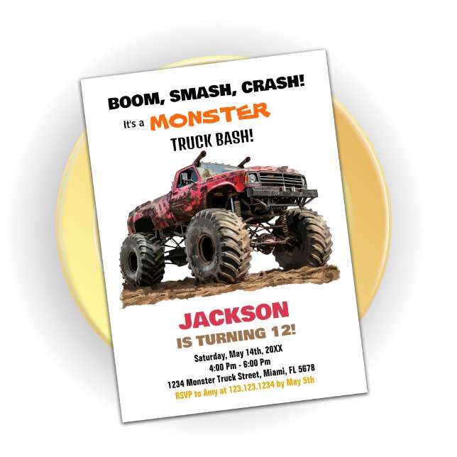 Red Monster Truck Geburtstagseinladungen Einladung (Red Monster Truck Birthday Invitations)